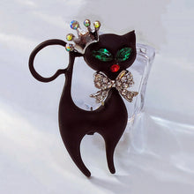 Load image into Gallery viewer, Gorgeous Green Eyes Black Enamel Princess Kitty with Bowtie Brooch Cat Pin
