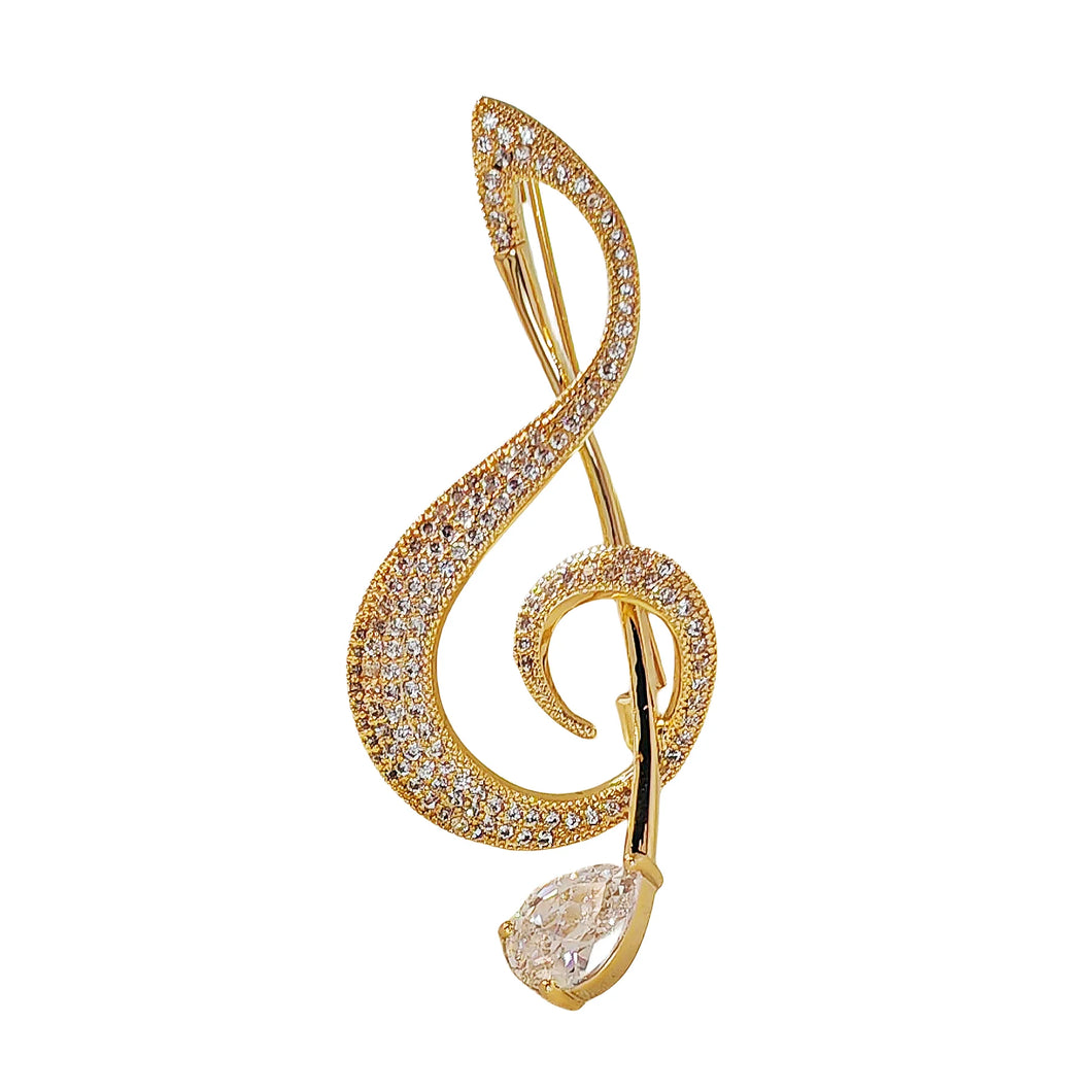 Shiny Gold Tone CZ G Clef Music Note Pin Brooch Gift Jewelry
