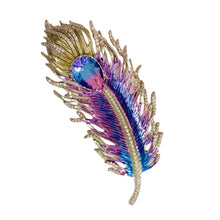 Load image into Gallery viewer, Gorgeous Gold Tone Blue Purple Enamel Peacock Feather Brooch Pin with AB Tear Stone
