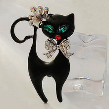 Load image into Gallery viewer, Gorgeous Green Eyes Black Enamel Princess Kitty with Bowtie Brooch Cat Pin
