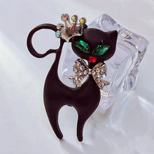 Load image into Gallery viewer, Gorgeous Green Eyes Black Enamel Princess Kitty with Bowtie Brooch Cat Pin

