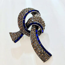 Load image into Gallery viewer, Elegant Vintage Blue Baguette and Champagne Crystal Ribbon Bow Brooch for Mom Her
