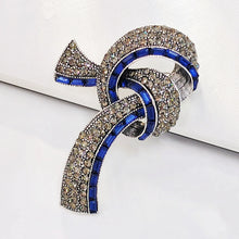 Load image into Gallery viewer, Elegant Vintage Blue Baguette and Champagne Crystal Ribbon Bow Brooch for Mom Her
