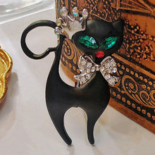 Load image into Gallery viewer, Gorgeous Green Eyes Black Enamel Princess Kitty with Bowtie Brooch Cat Pin
