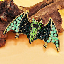 Load image into Gallery viewer, Spooky Vintage Green Rhinestone Halloween Bat Brooch Pin

