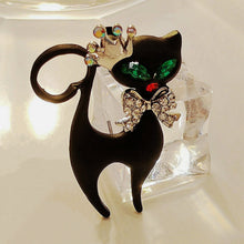 Load image into Gallery viewer, Gorgeous Green Eyes Black Enamel Princess Kitty with Bowtie Brooch Cat Pin
