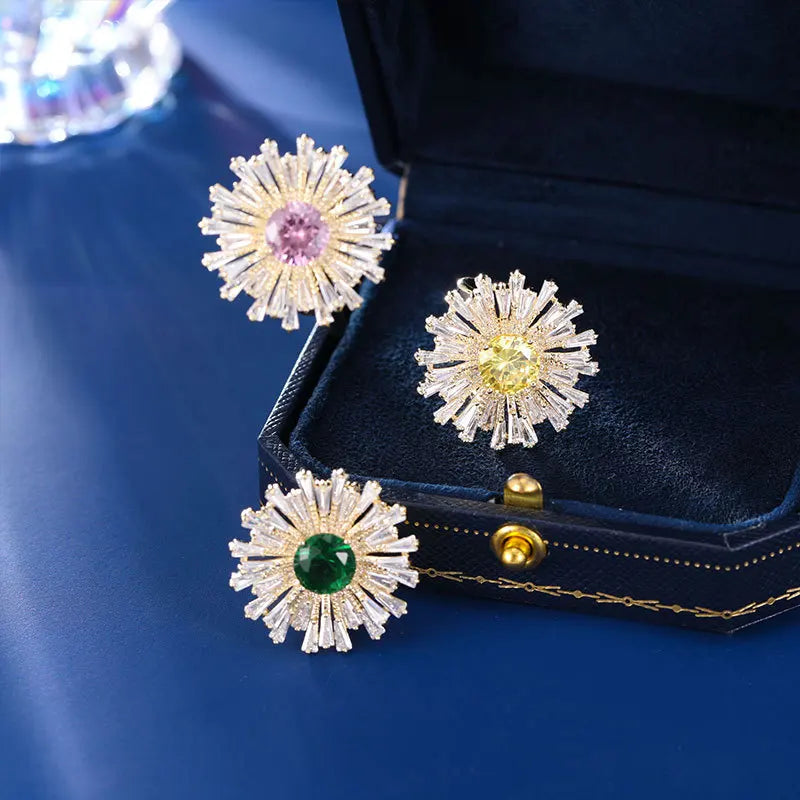 Shiny Baguette Cut CZ Accent Pink Yellow Green Sunflower Pin Lapel Collar Jewelry