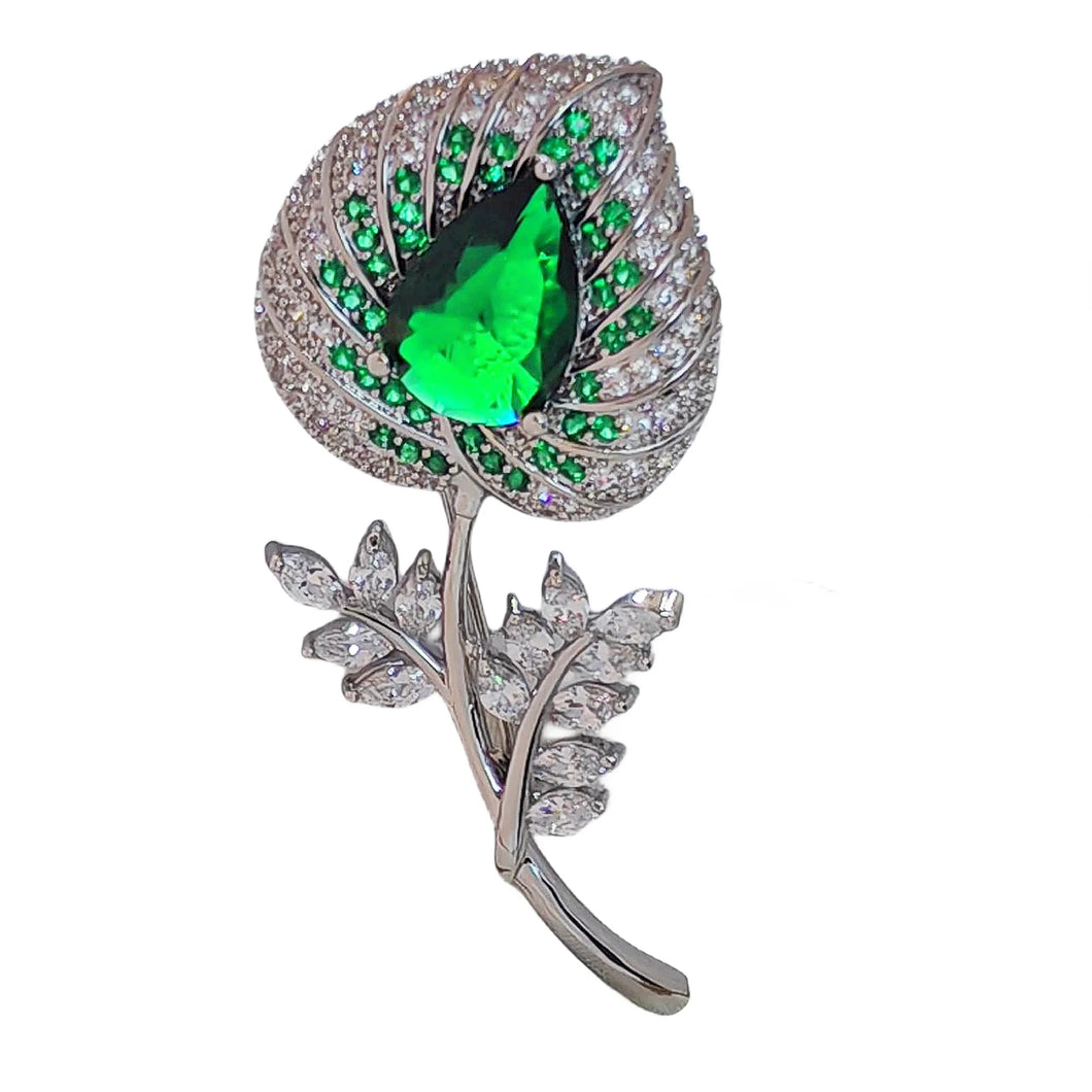 Sparkles Silver Tone Stem Emerald Green Lily Brooch Pin Floral Jewelry