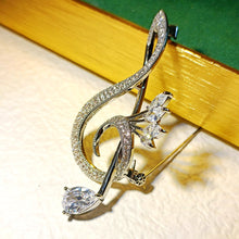 Load image into Gallery viewer, Sparkling Silver Tone Pear and Marquise Shaped CZ Musical Note Brooch Treble Clef Pin Music Notation Theme Jewelry
