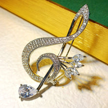 Load image into Gallery viewer, Sparkling Silver Tone Pear and Marquise Shaped CZ Musical Note Brooch Treble Clef Pin Music Notation Theme Jewelry
