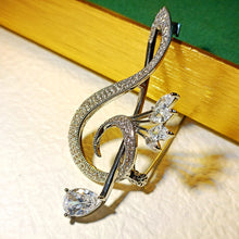 Load image into Gallery viewer, Sparkling Silver Tone Pear and Marquise Shaped CZ Musical Note Brooch Treble Clef Pin Music Notation Theme Jewelry

