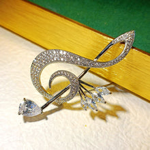 Load image into Gallery viewer, Sparkling Silver Tone Pear and Marquise Shaped CZ Musical Note Brooch Treble Clef Pin Music Notation Theme Jewelry
