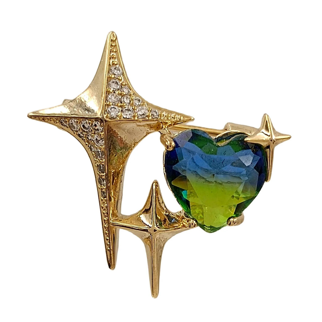 Splendid Gold Metal Four-Point Star and Aurora Heart Lapel Pin for Unisex Accessory