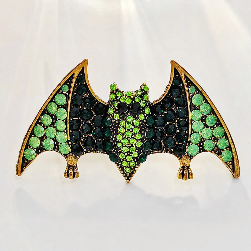Spooky Vintage Green Rhinestone Halloween Bat Brooch Pin