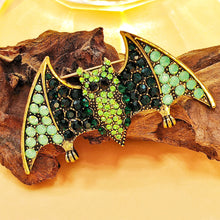 Load image into Gallery viewer, Spooky Vintage Green Rhinestone Halloween Bat Brooch Pin
