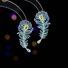 Load image into Gallery viewer, Stunning Vintage Blue Green Peacock Feather Earrings  Statement Costume Jewelry
