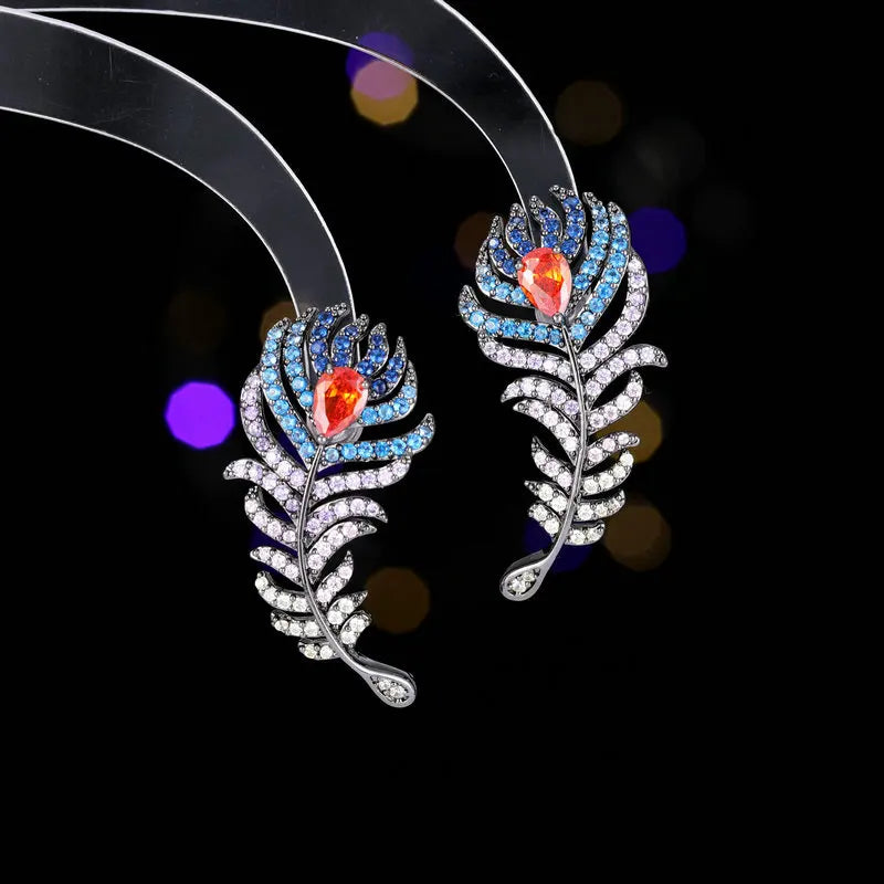 Stunning Vintage Blue Green Peacock Feather Earrings  Statement Costume Jewelry