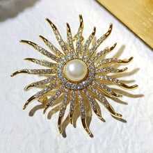 Load image into Gallery viewer, Victorian Vintage Style CZ and Imitated Pearl Sunburst Pin Brooch Costume Jewelry

