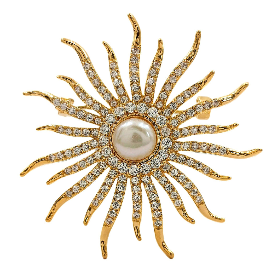 Victorian Vintage Style CZ and Imitated Pearl Sunburst Pin Brooch Costume Jewelry