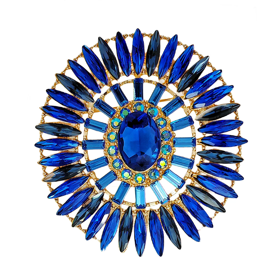 Vintage AB Accent Large Blue Crystal Oval Brooch Badge Pin Statement Jewelry