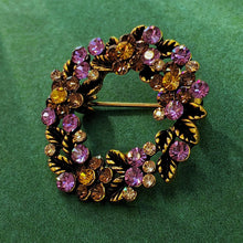 Load image into Gallery viewer, Vintage Purple Champagne Rhinestones Wreath Pin Brooch Gold Tone Round Circle Classic Pin
