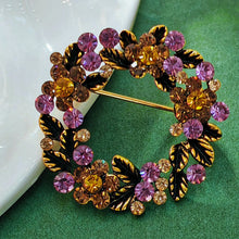 Load image into Gallery viewer, Vintage Purple Champagne Rhinestones Wreath Pin Brooch Gold Tone Round Circle Classic Pin
