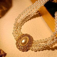 Load image into Gallery viewer, Vintage Triple Strand Pearl Choker with Crystal Oval Pendant Wedding Bridal Necklace
