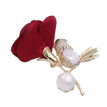 Load image into Gallery viewer, Jewelblings Vivid Fabric Rose and Green Eyed Golden Bird Brooch Pin Groomsman Wedding Accessory
