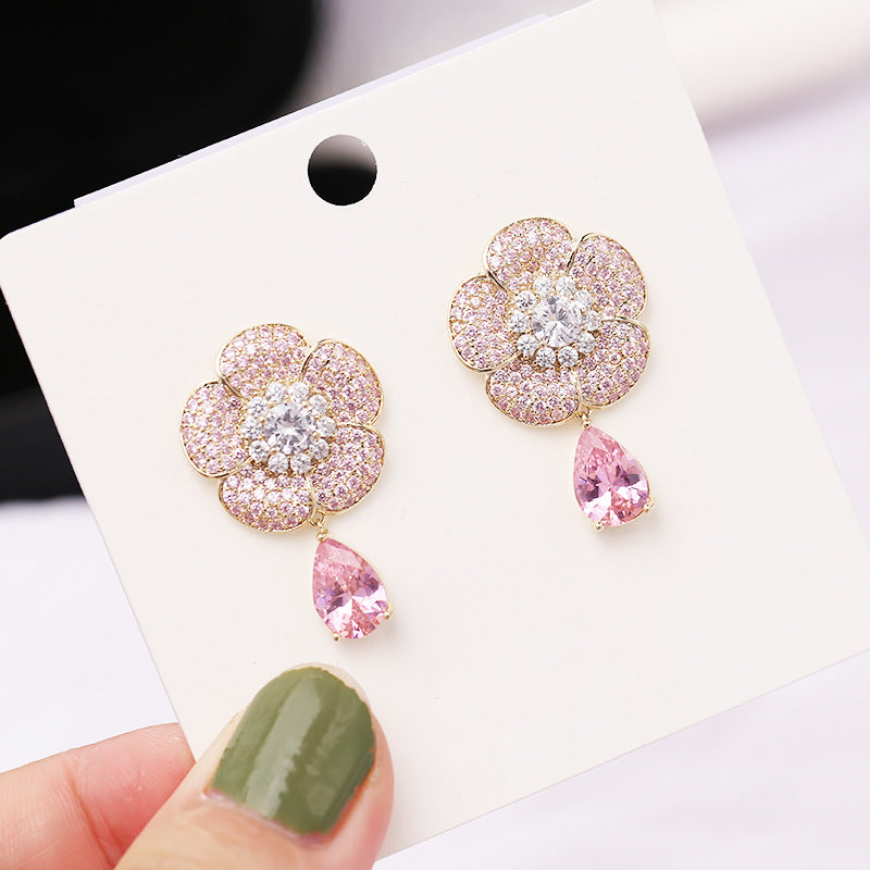 Jewelblings Delicate Fashion Full Micro Pave CZ Pink Flower Drop Earrings Office Daily Wear