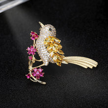 Load image into Gallery viewer, Jewelblings Lovely Gold Tone Micro Pave Body and Marquise Shaped CZ Wing Yellow Bird Brooch with Pink Flower Branch
