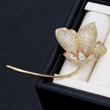 Load image into Gallery viewer, Jewelblings Fashion Elegant Long Curled Stem Lotus Dancing in Wind Brooch Pin Glitter Jewelry
