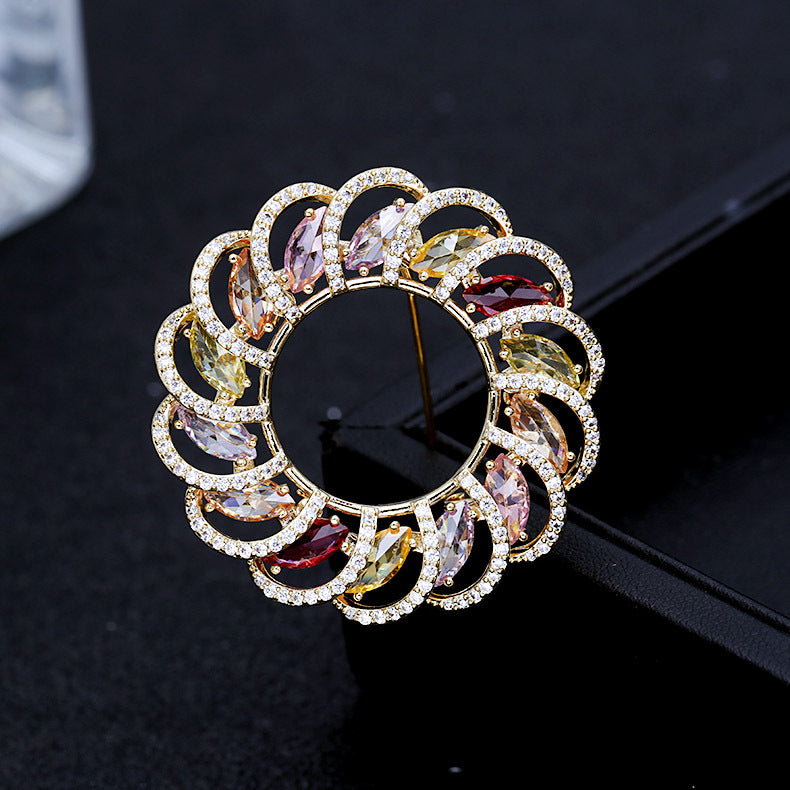 Jewelblings Designer Opens Circlet Round Shaped Multi Color Stones Brooch Pin Floral Pattern Jewelry