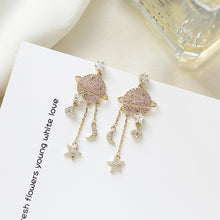 Load image into Gallery viewer, Jewelblings Shiny Pink Planet and Star Moon Link Chain Tassel Earrings Designer Jewelry
