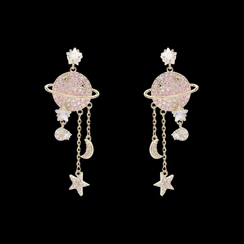 Jewelblings Shiny Pink Planet and Star Moon Link Chain Tassel Earrings Designer Jewelry