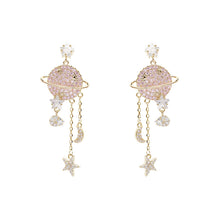 Load image into Gallery viewer, Jewelblings Shiny Pink Planet and Star Moon Link Chain Tassel Earrings Designer Jewelry
