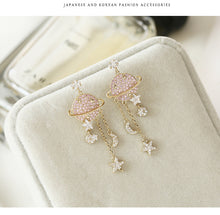 Load image into Gallery viewer, Jewelblings Shiny Pink Planet and Star Moon Link Chain Tassel Earrings Designer Jewelry
