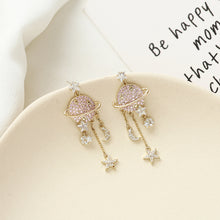 Load image into Gallery viewer, Jewelblings Shiny Pink Planet and Star Moon Link Chain Tassel Earrings Designer Jewelry
