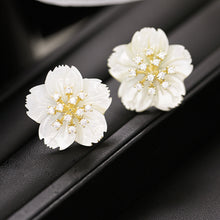 Load image into Gallery viewer, Jewelblings Elegant Golden and Clear CZ Pistil White Mother of Pearl Plum Stud Earrings Cherry Blossom Japanese Sakura Jewelry
