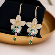 Load image into Gallery viewer, Jewelblings Glitter Gold Tone Yellow Flower Green Dangle Hook Earrings Fantastic Dinner Jewelry
