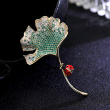 Load image into Gallery viewer, Jewelblings Vivid Ladybug Crawl Golden Stem Ginkgo Leaf Brooch Pin Cute Unisex Accessory
