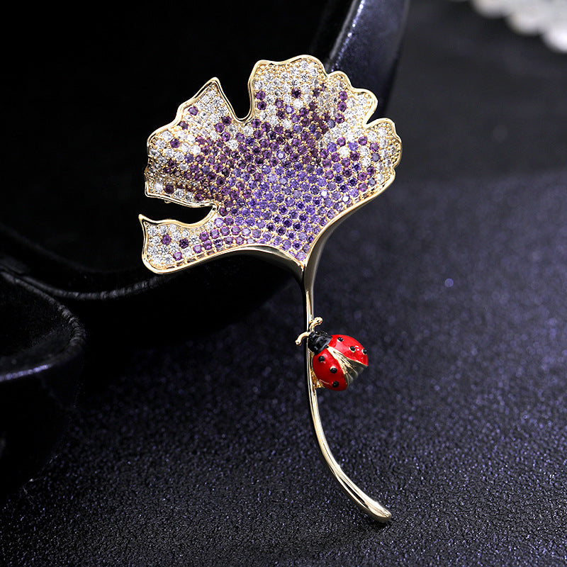 Jewelblings Vivid Ladybug Crawl Golden Stem Ginkgo Leaf Brooch Pin Cute Unisex Accessory