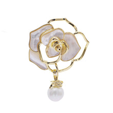 Load image into Gallery viewer, Jewelblings Elegant Stylish Golden Outline and Shell Pearl Blossom Camellia Flower Drop Brooch Traditional Vintage Jewelry
