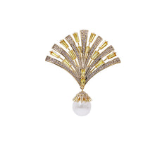 Load image into Gallery viewer, Jewelblings Modern Style Baguette Cut CZ Yellow Fan Brooch Pin with Pearl Drop
