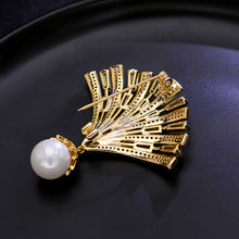 Load image into Gallery viewer, Jewelblings Modern Style Baguette Cut CZ Yellow Fan Brooch Pin with Pearl Drop

