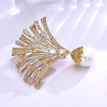 Load image into Gallery viewer, Jewelblings Modern Style Baguette Cut CZ Yellow Fan Brooch Pin with Pearl Drop
