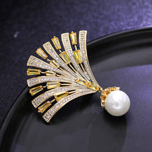 Load image into Gallery viewer, Jewelblings Modern Style Baguette Cut CZ Yellow Fan Brooch Pin with Pearl Drop
