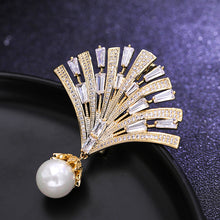 Load image into Gallery viewer, Jewelblings Modern Style Baguette Cut CZ Yellow Fan Brooch Pin with Pearl Drop
