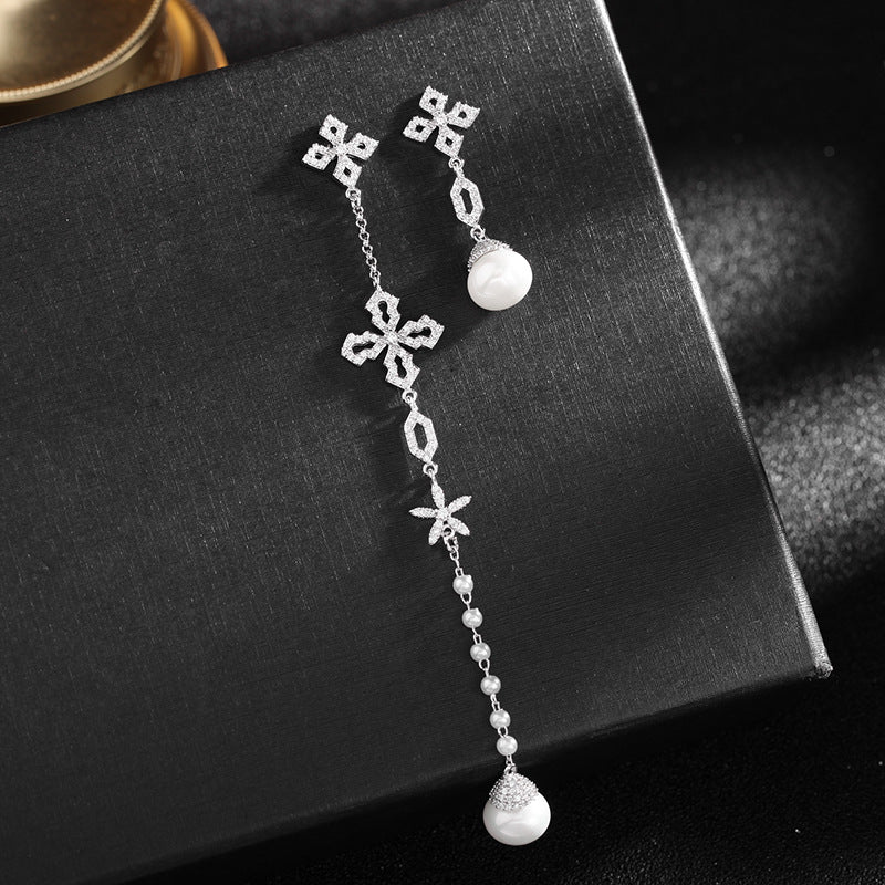 Jewelblings Modern Vintage Maltese Cross Star Pearl Short and Extra Long Earrings Asymmetry Jewelry