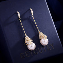 Load image into Gallery viewer, Jewelblings Elegant Stylish Gold Tone Long Rhombus CZ Cluster and Pearl Drop Earrings Wedding Accessory
