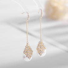 Load image into Gallery viewer, Jewelblings Elegant Stylish Gold Tone Long Rhombus CZ Cluster and Pearl Drop Earrings Wedding Accessory
